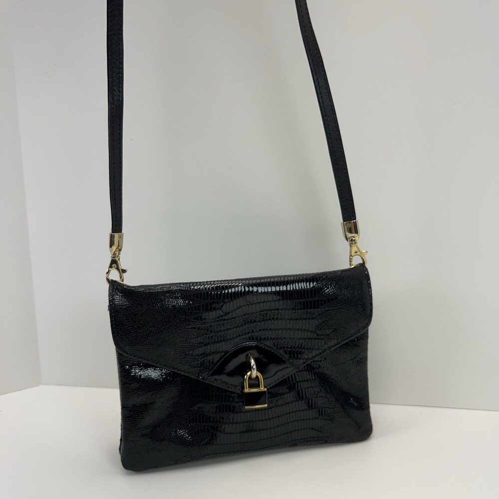 Vtg DUE FRATELLI Leather Purse Black Croc Embossed Crossbody Clutch Bag Classic - Picture 12 of 15